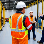 **

A factory floor where employees are actively participating in a safety training session related to NR-1 and NR-35. The scene emphasizes clear communication and the importance of safety equipment use, particularly safety harnesses for working at height. Focus on showing engaged workers and visible safety protocols being explained.

**