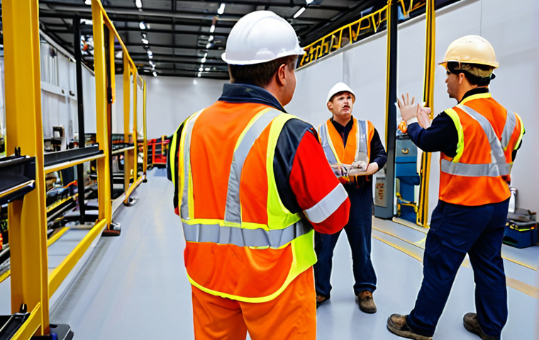**
A factory floor where employees are actively participating in a safety training session related to NR-1 and NR-35. The scene emphasizes clear communication and the importance of safety equipment use, particularly safety harnesses for working at height. Focus on showing engaged workers and visible safety protocols being explained.
**
