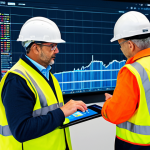 A diverse team of professional construction safety managers, fully clothed in appropriate workwear and safety helmets, meticulously observing and interacting with real-time safety data on large digital dashboards in a high-tech control room overlooking a bustling, organized construction site. One manager points to a graphical representation of predictive risk patterns while another reviews live data on a ruggedized tablet. Drones are visible in the background sky, hinting at site monitoring. The scene is well-lit, emphasizing innovation and efficiency. fully clothed, modest clothing, appropriate attire, professional dress, safe for work, appropriate content, professional, perfect anatomy, correct proportions, natural pose, well-formed hands, proper finger count, natural body proportions, high quality, highly detailed.