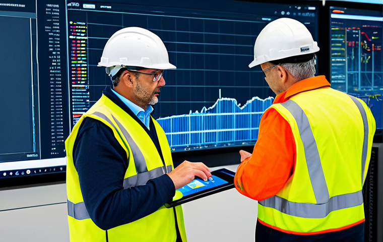 A diverse team of professional construction safety managers, fully clothed in appropriate workwear and safety helmets, meticulously observing and interacting with real-time safety data on large digital dashboards in a high-tech control room overlooking a bustling, organized construction site. One manager points to a graphical representation of predictive risk patterns while another reviews live data on a ruggedized tablet. Drones are visible in the background sky, hinting at site monitoring. The scene is well-lit, emphasizing innovation and efficiency. fully clothed, modest clothing, appropriate attire, professional dress, safe for work, appropriate content, professional, perfect anatomy, correct proportions, natural pose, well-formed hands, proper finger count, natural body proportions, high quality, highly detailed.