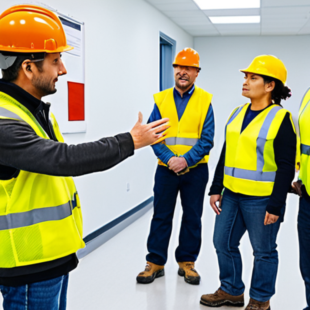 Safety Training Session**
Prompt: A diverse group of construction workers, fully clothed in appropriate safety gear (hard hats, vests, work boots), attentively participating in a safety training session indoors. The instructor, also in appropriate attire, is demonstrating proper use of equipment. Brightly lit training room. Safe for work, professional, family-friendly, perfect anatomy, correct proportions, natural pose, well-formed hands, proper finger count, natural body proportions, appropriate content, high quality photography.
**