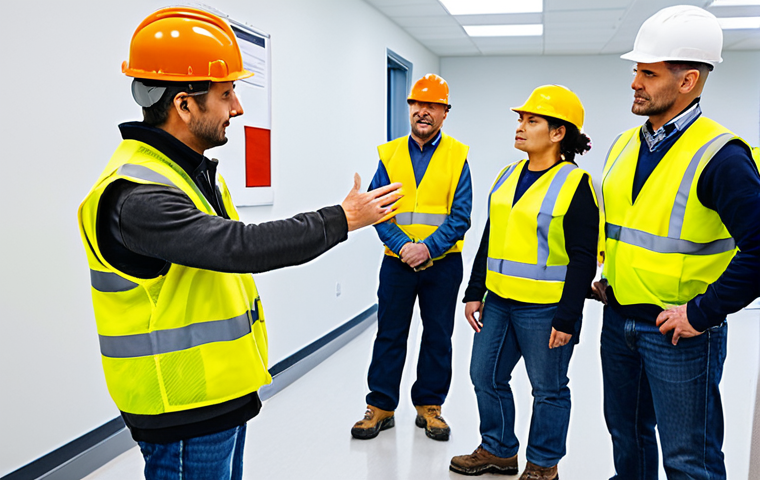 Safety Training Session**
Prompt: A diverse group of construction workers, fully clothed in appropriate safety gear (hard hats, vests, work boots), attentively participating in a safety training session indoors. The instructor, also in appropriate attire, is demonstrating proper use of equipment. Brightly lit training room. Safe for work, professional, family-friendly, perfect anatomy, correct proportions, natural pose, well-formed hands, proper finger count, natural body proportions, appropriate content, high quality photography.
**