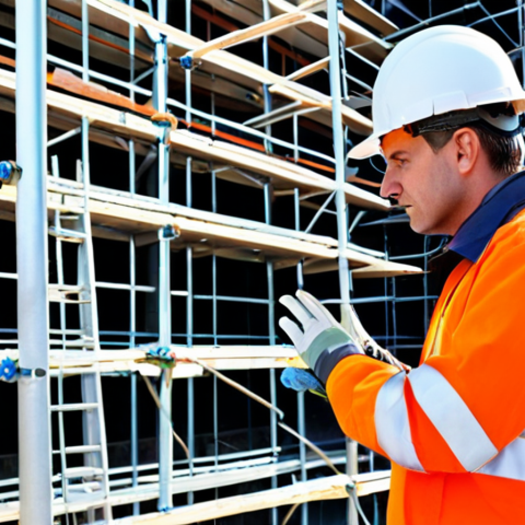 건설안전 전문가 네트워킹 팁 - "A construction site safety inspector, fully clothed in appropriate high-visibility safety gear, exa...