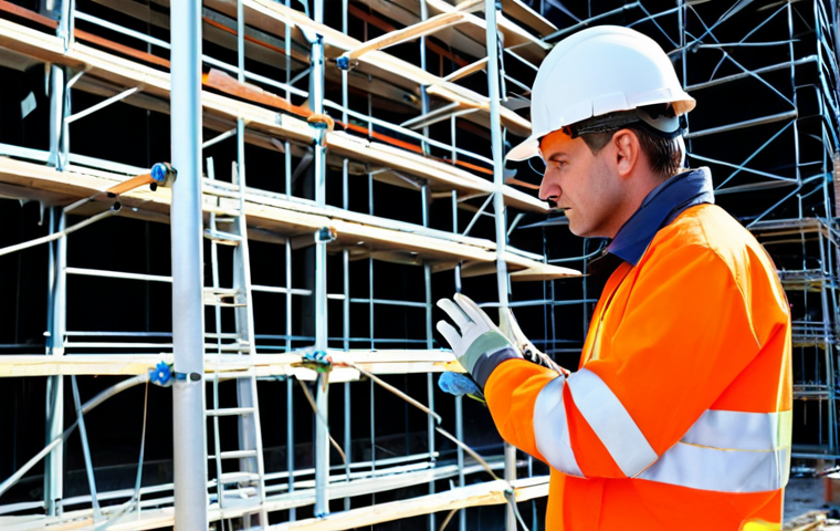 건설안전 전문가 네트워킹 팁 - "A construction site safety inspector, fully clothed in appropriate high-visibility safety gear, exa...