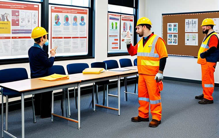 건설안전 전문가 네트워킹 팁 - "A construction site safety inspector, fully clothed in appropriate high-visibility safety gear, exa...