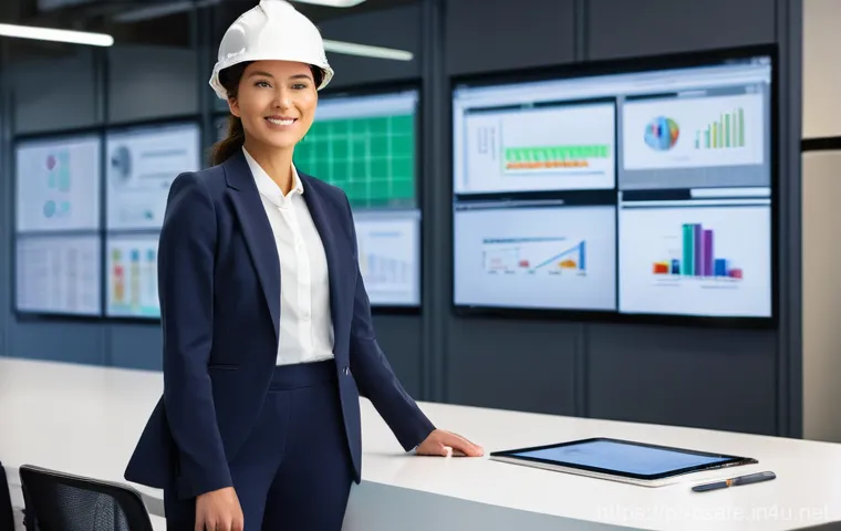 건설안전기사 자격증으로 다양한 직무 경험 - **Prompt:** A dynamic, high-definition photographic image of a confident female Occupational Safety ...