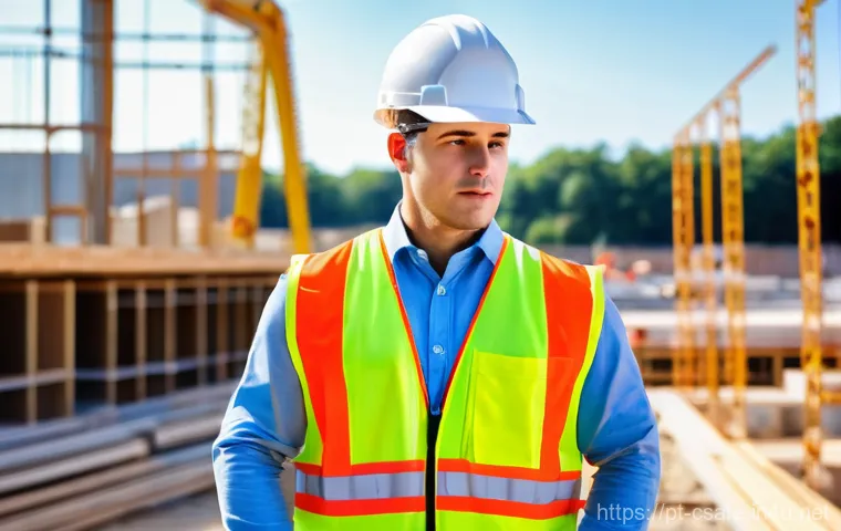 건설안전기사 자격증으로 승진에 성공한 사례 - **Prompt:** A dynamic and brightly lit construction site showcasing a diverse team of workers, both ...