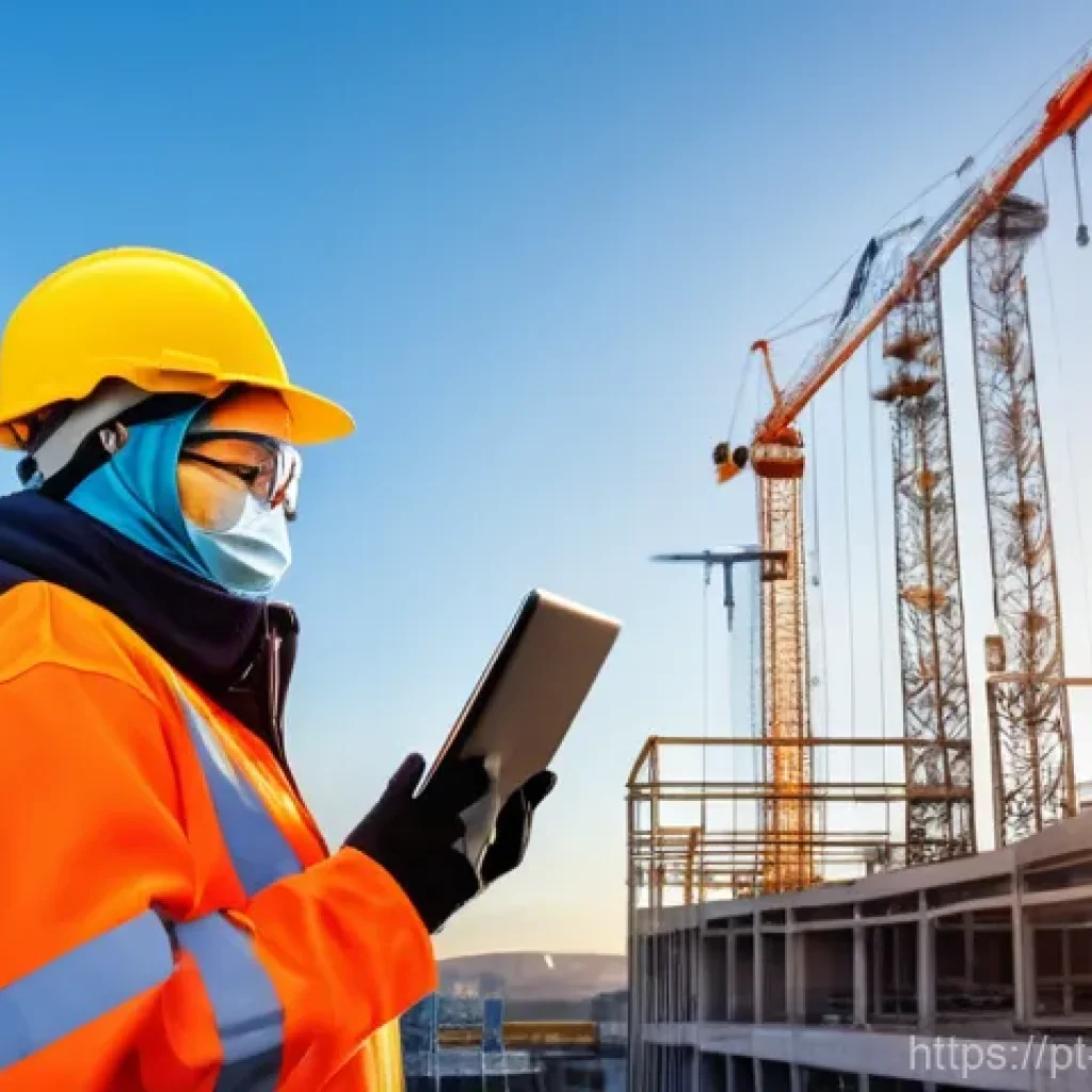 건설안전기사 시험장 분위기 및 유의사항 - **Prompt 1: Digitalized Construction Site Safety**
    "A vibrant, active construction site at sunri...