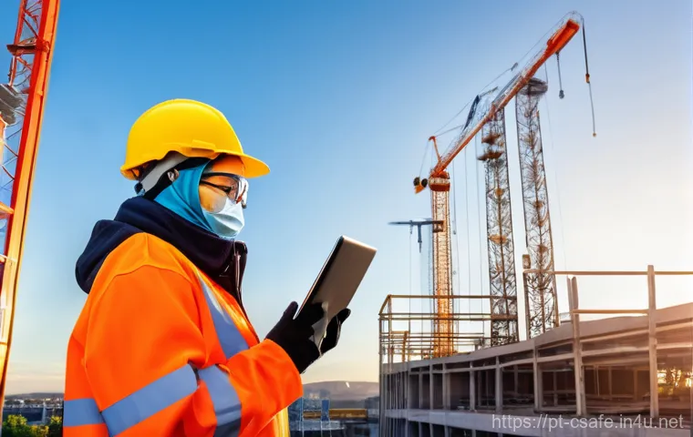 건설안전기사 시험장 분위기 및 유의사항 - **Prompt 1: Digitalized Construction Site Safety**
"A vibrant, active construction site at sunri...