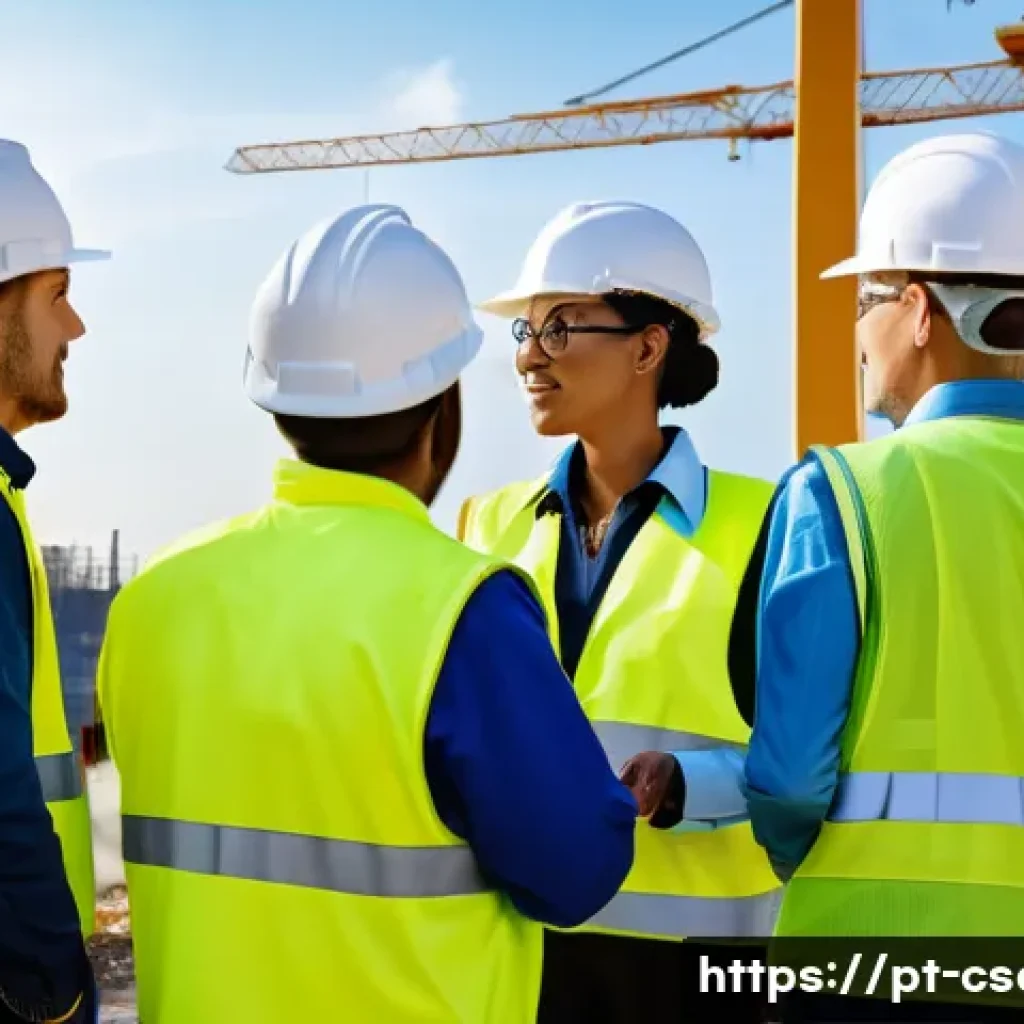 건설안전기사 자격증의 해외 취업 활용도 - A diverse group of professional construction safety engineers wearing high-visibility safety vests, ...