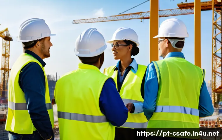 건설안전기사 자격증의 해외 취업 활용도 - A diverse group of professional construction safety engineers wearing high-visibility safety vests, ...