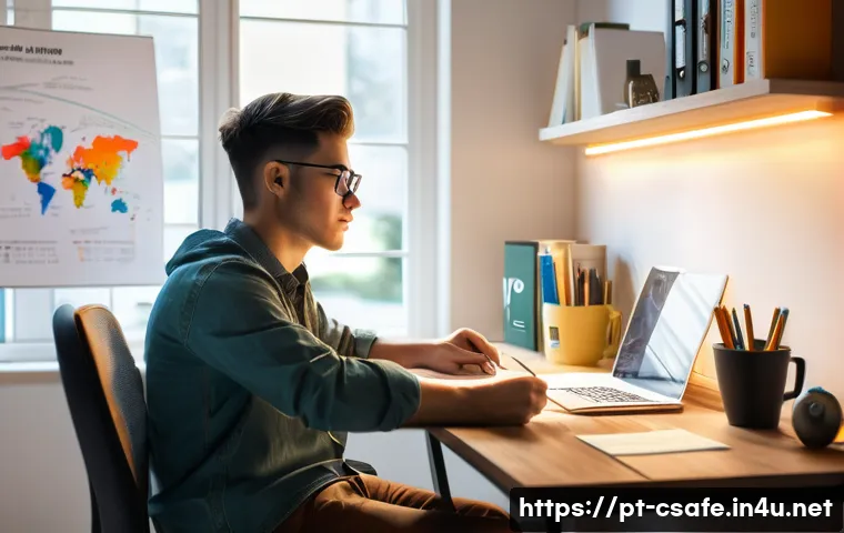 건설안전기사 과목별 공부시간 분배 - A focused study scene showing a young adult sitting at a tidy desk in a modern home office, surround...