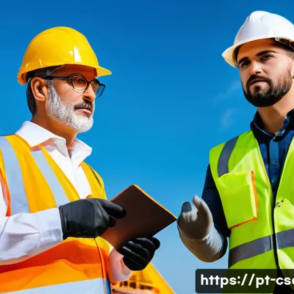 건설안전 실무 경험을 활용한 자기소개서 작성법 - A professional construction safety officer wearing high-visibility reflective vest, hard hat, safety...