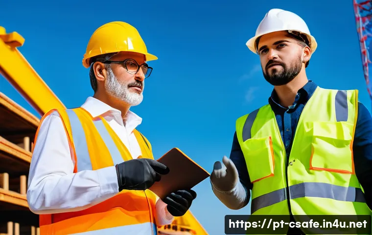건설안전 실무 경험을 활용한 자기소개서 작성법 - A professional construction safety officer wearing high-visibility reflective vest, hard hat, safety...