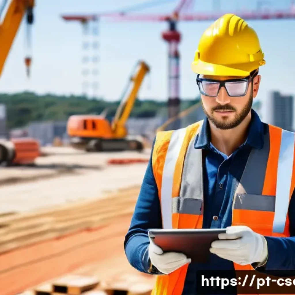 건설안전기사 합격 후 경력관리 방법 - A professional construction safety specialist wearing modern protective gear including a hard hat wi...