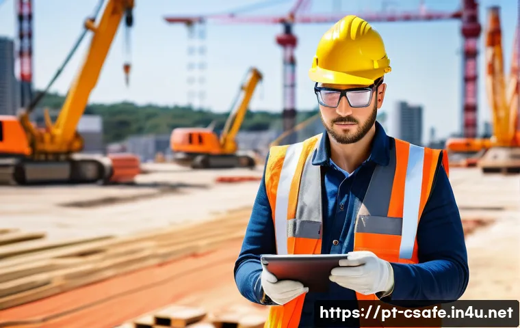 건설안전기사 합격 후 경력관리 방법 - A professional construction safety specialist wearing modern protective gear including a hard hat wi...
