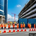 Home 22 건설안전 실무 필수 용어 정리 - A detailed construction site scene in Brazil featuring diverse workers wearing full personal protect...