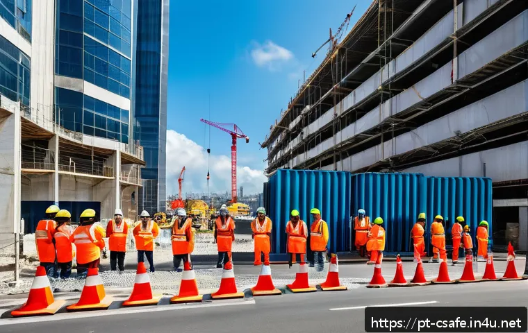 건설안전 실무 필수 용어 정리 - A detailed construction site scene in Brazil featuring diverse workers wearing full personal protect...