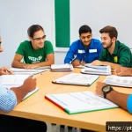 Home 21 건설안전기사 스터디 멤버 모집 방법 - A diverse study group of young Brazilian adults collaborating in a bright, modern classroom setting,...