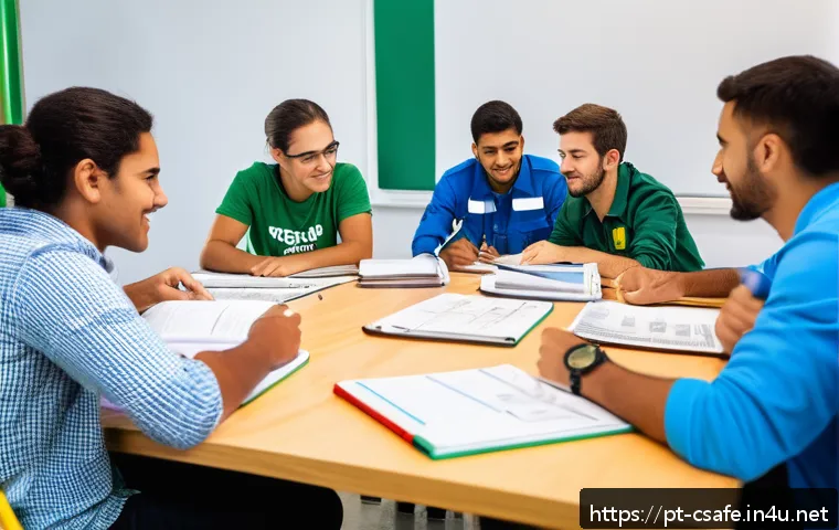 건설안전기사 스터디 멤버 모집 방법 - A diverse study group of young Brazilian adults collaborating in a bright, modern classroom setting,...