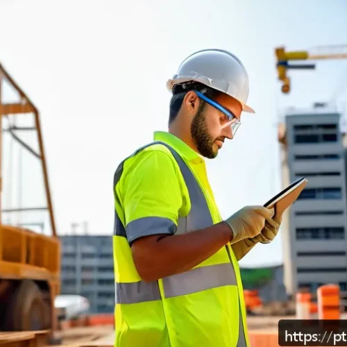 Home 17 건설안전기사로 취업한 신입사원 이야기 - A young male safety technician wearing full personal protective equipment (PPE) including a hard hat...