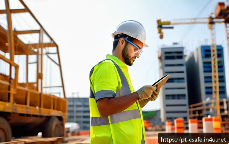 건설안전기사로 취업한 신입사원 이야기 - A young male safety technician wearing full personal protective equipment (PPE) including a hard hat...