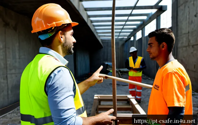 Home 17 건설안전 실무 경험을 공유하는 방법 - Photorealistic construction safety mentor in a clean high-visibility vest and hard hat sharing pract...
